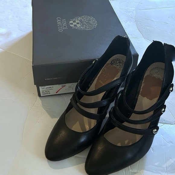Vince Camuto Jamily Black Leather Triple Strap Mary Jane Pumps 8M Pre-Owned - Picture 1 of 11